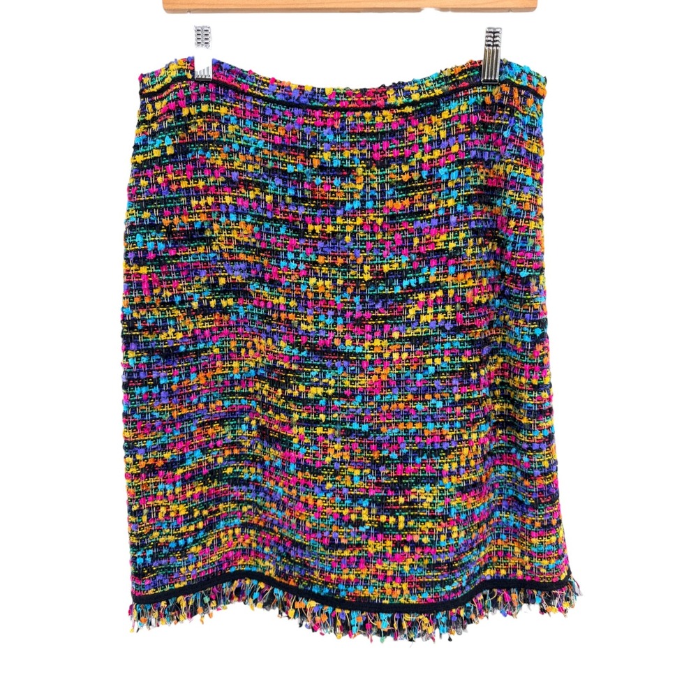 ESCADA Rainbow Tweed Knit Skirt DE 42 US 12 NWT New Wool Fringe Dopamine Glam